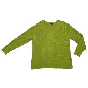 Lands' End Cable Knit Sweater Green V-neck 100% Supima Cotton Women's Size 1X